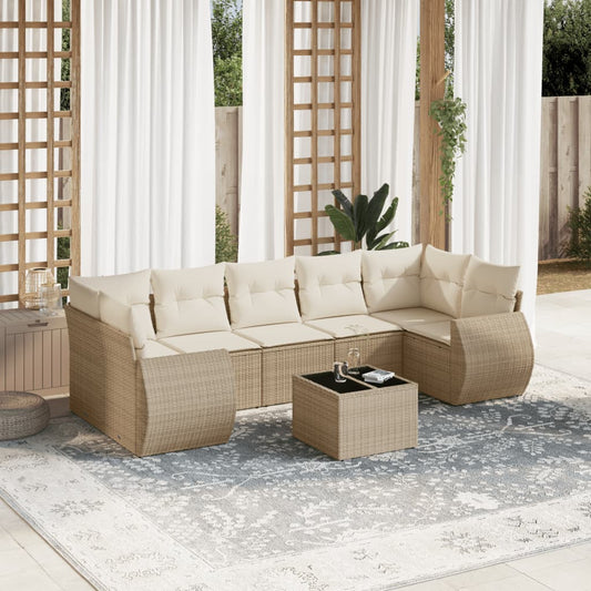 8-delige Loungeset met kussens poly rattan beige