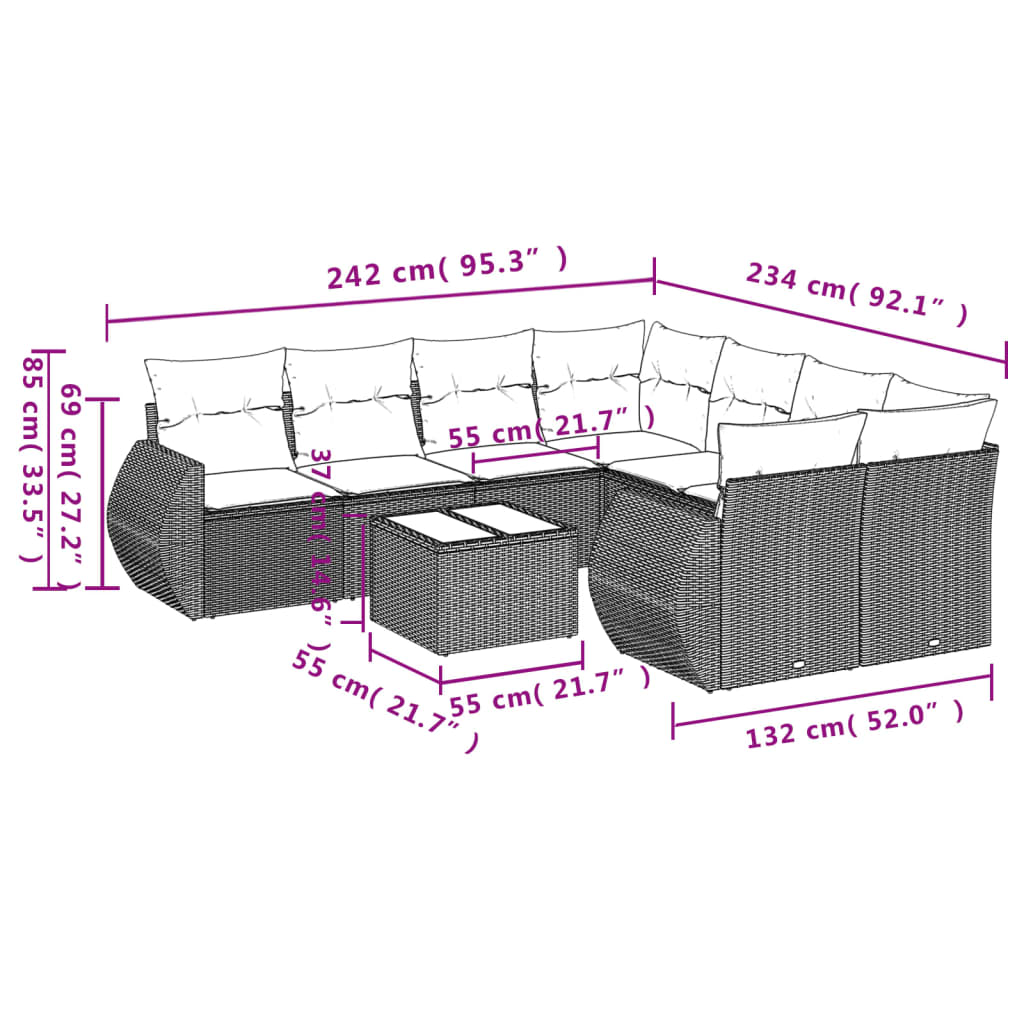 9-delige Loungeset met kussens poly rattan beige