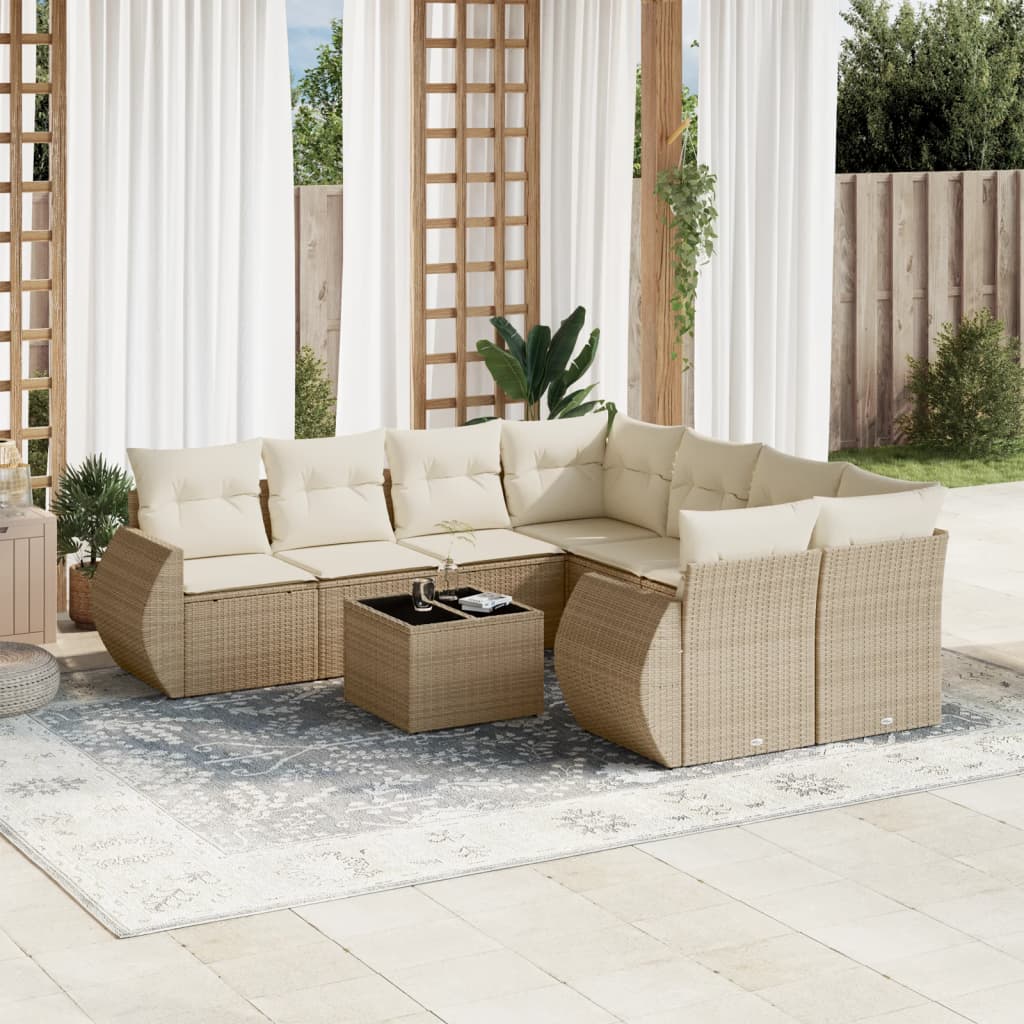 9-delige Loungeset met kussens poly rattan beige