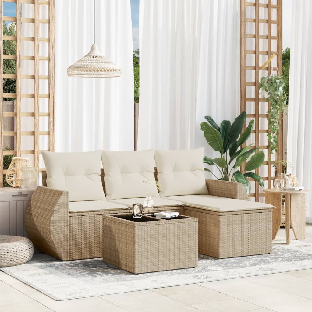 5-delige Loungeset met kussens poly rattan beige