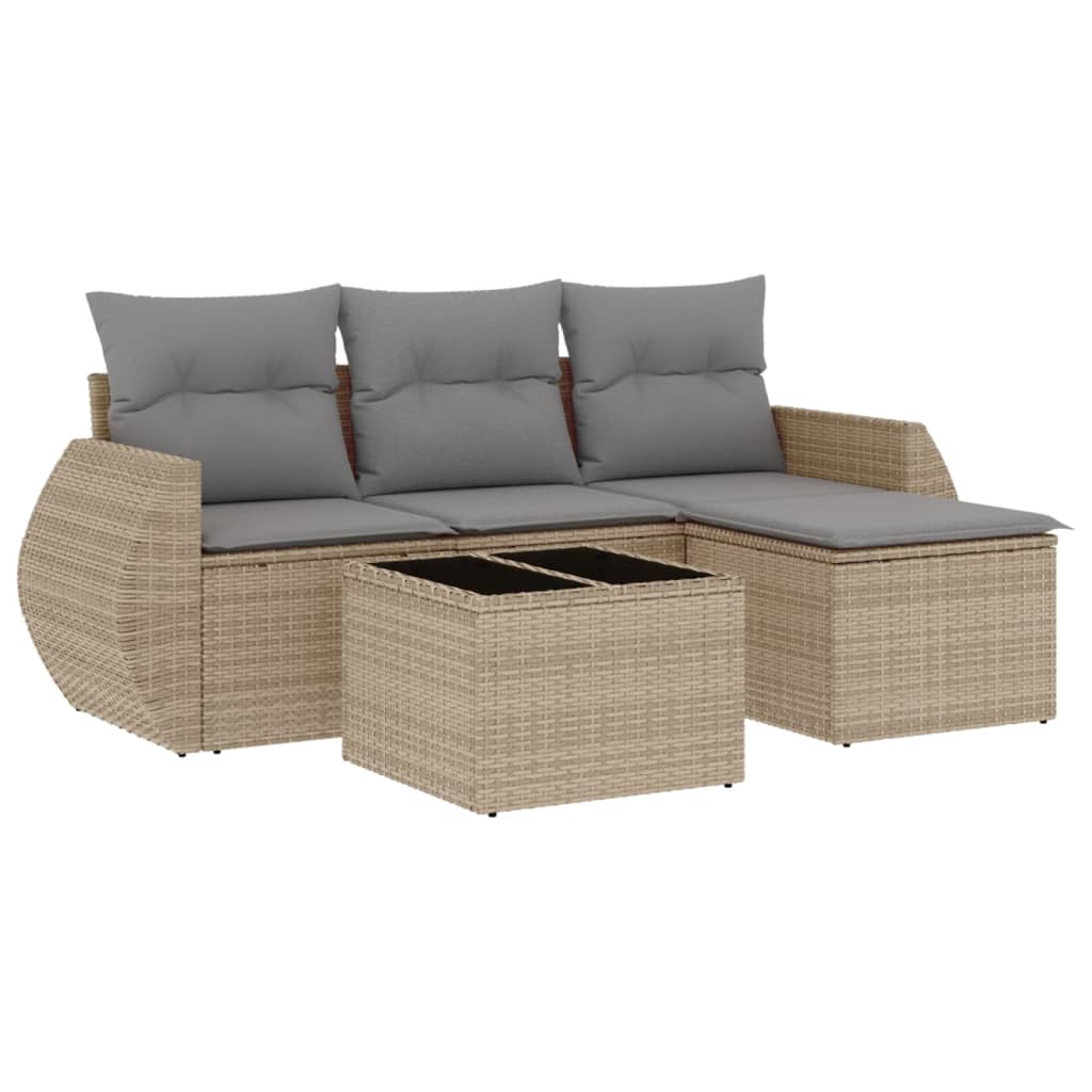 5-delige Loungeset met kussens poly rattan beige