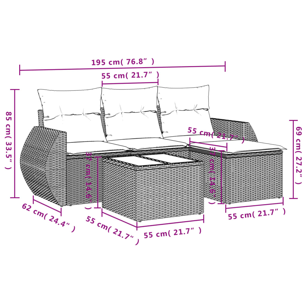 5-delige Loungeset met kussens poly rattan beige