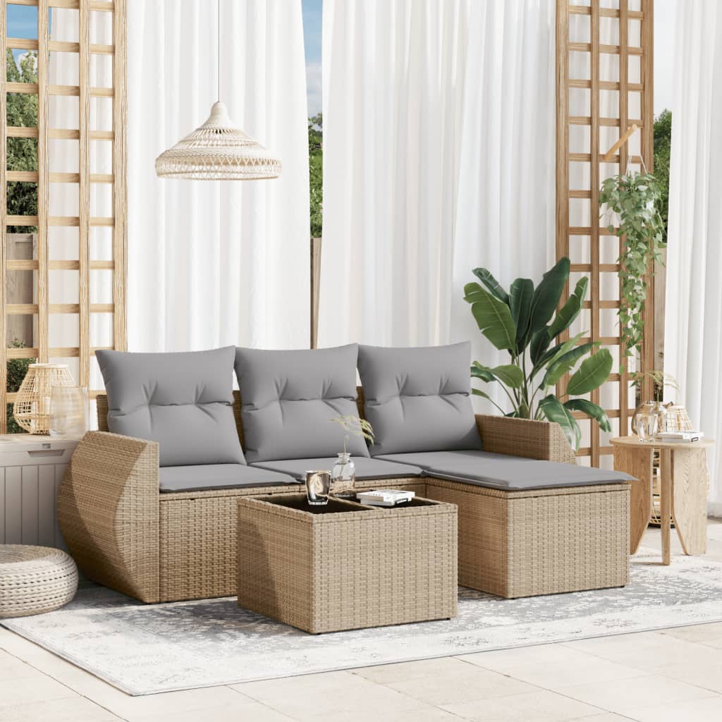 5-delige Loungeset met kussens poly rattan beige