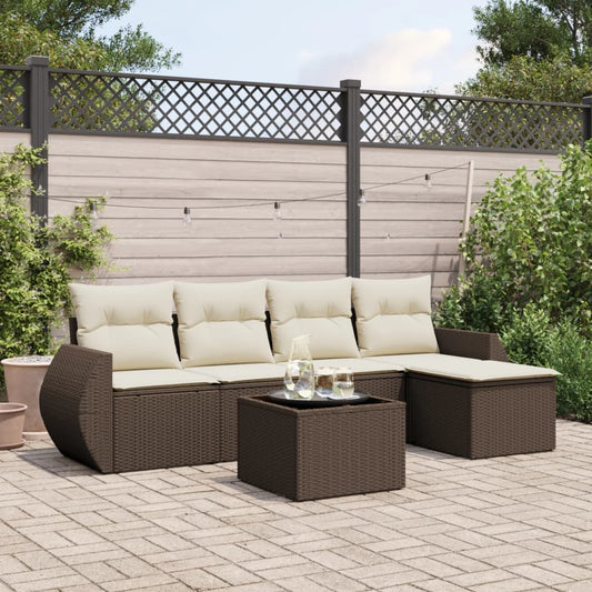 6-delige Loungeset met kussens poly rattan bruin