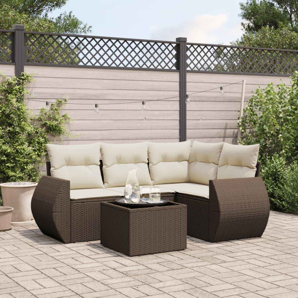 5-delige Loungeset met kussens poly rattan bruin