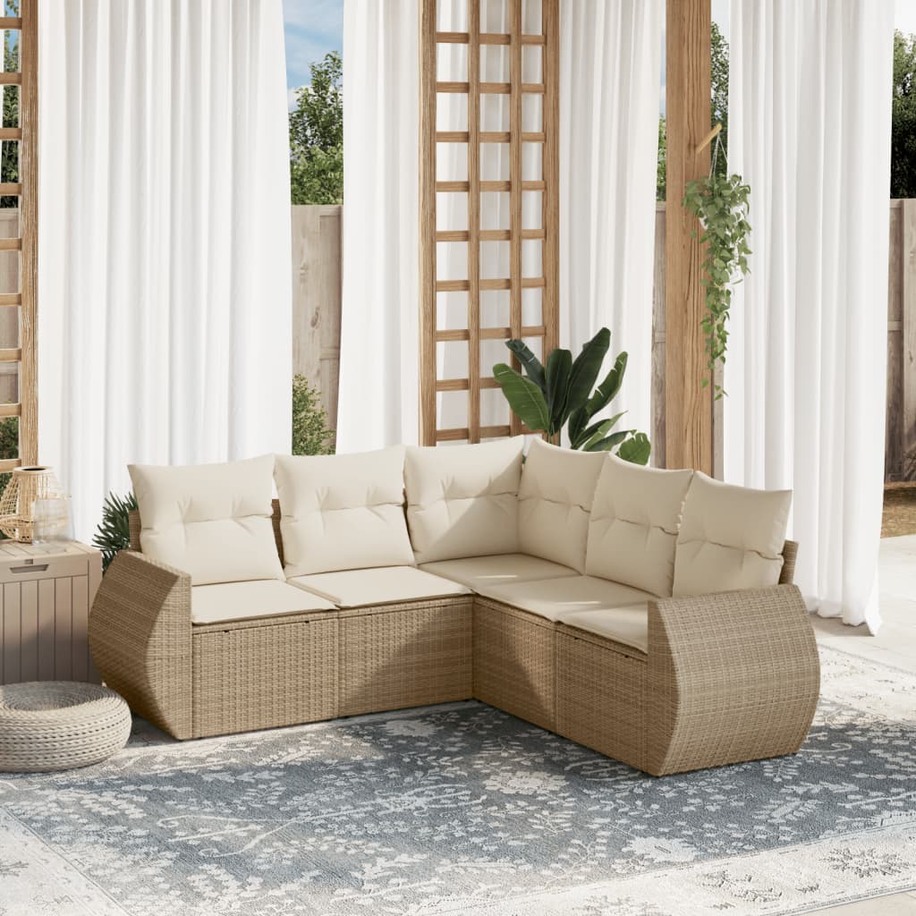 5-delige Loungeset met kussens poly rattan beige