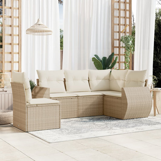 5-delige Loungeset met kussens poly rattan beige