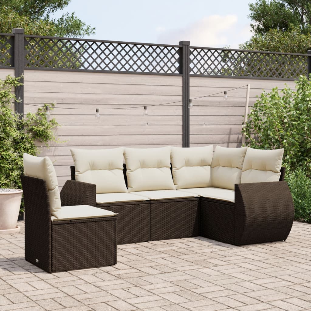 5-delige Loungeset met kussens poly rattan bruin