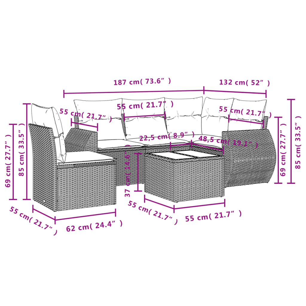 6-delige Loungeset met kussens poly rattan zwart Tuinsets | Creëer jouw Trendy Thuis | Gratis bezorgd & Retour | Trendy.nl