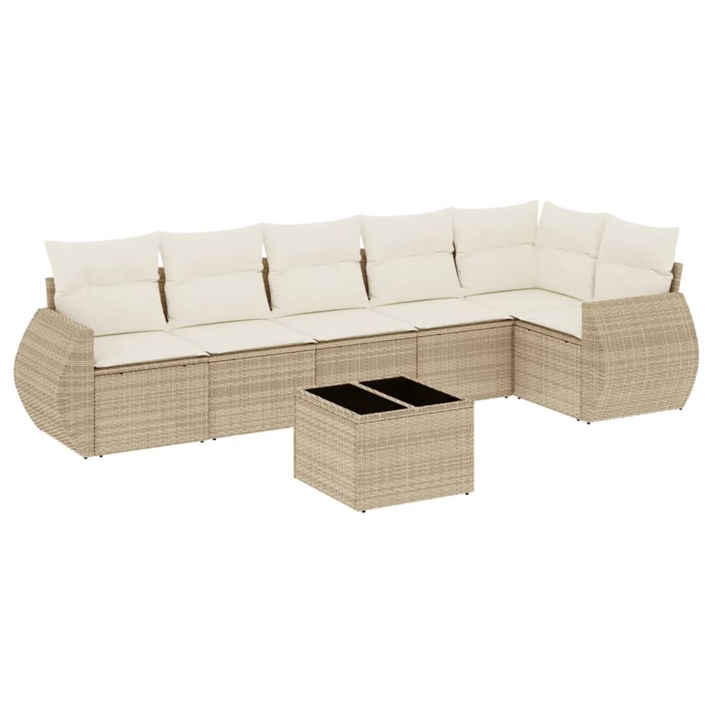 7-delige Loungeset met kussens poly rattan beige