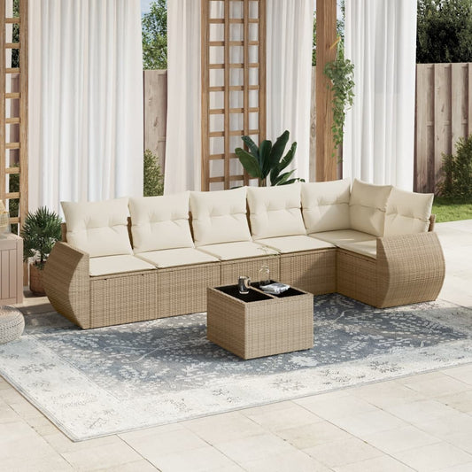 7-delige Loungeset met kussens poly rattan beige