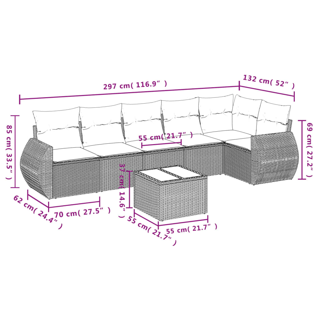 7-delige Loungeset met kussens poly rattan lichtgrijs Tuinsets | Creëer jouw Trendy Thuis | Gratis bezorgd & Retour | Trendy.nl