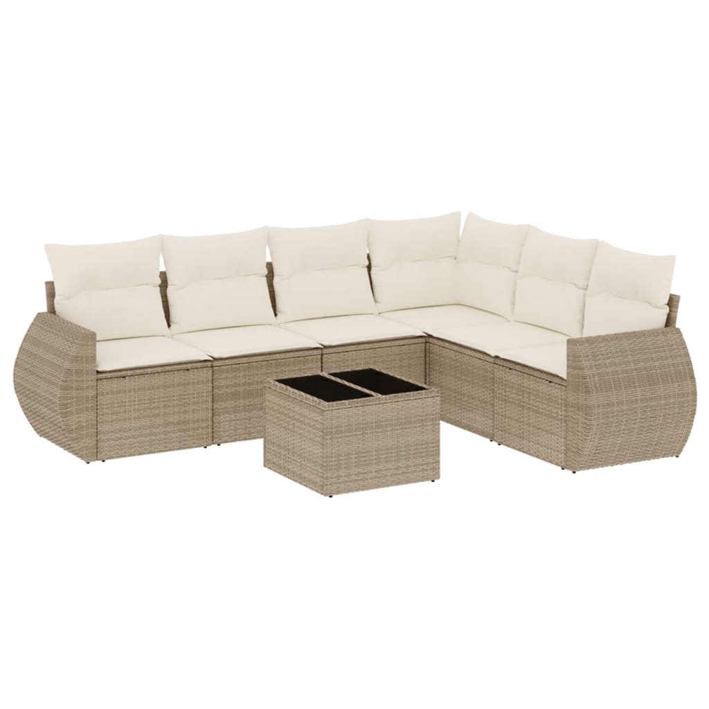 7-delige Loungeset met kussens poly rattan beige