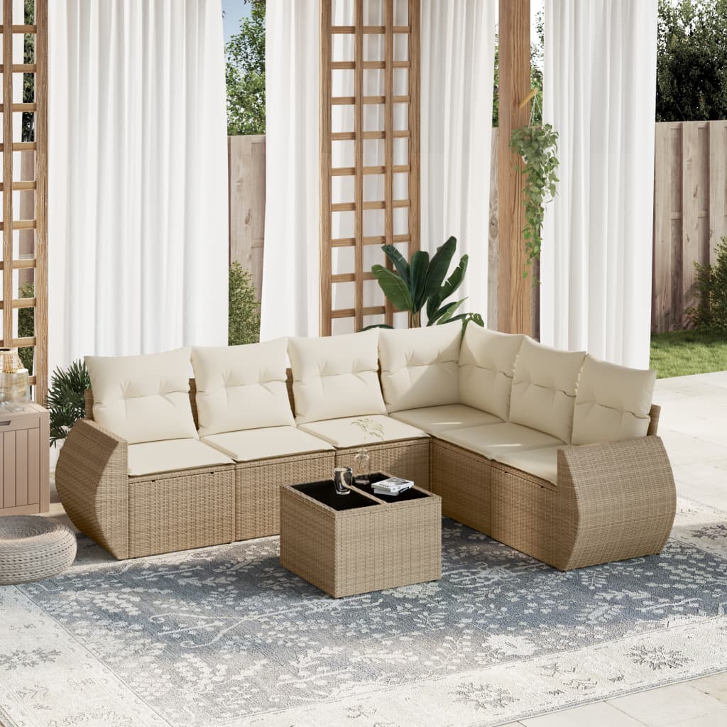 7-delige Loungeset met kussens poly rattan beige