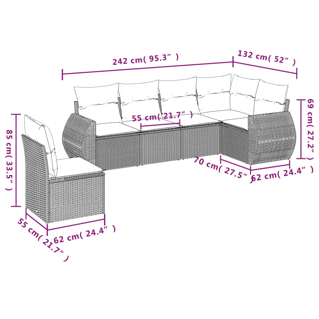 6-delige Loungeset met kussens poly rattan bruin