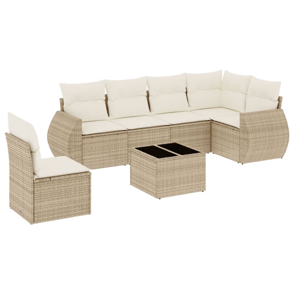 7-delige Loungeset met kussens poly rattan beige