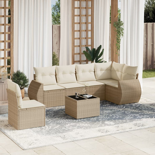 7-delige Loungeset met kussens poly rattan beige