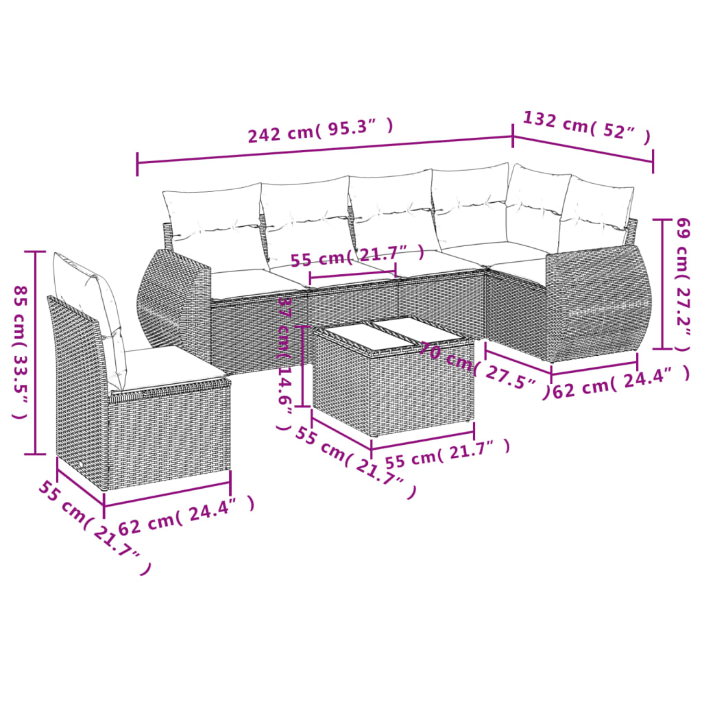 7-delige Loungeset met kussens poly rattan bruin