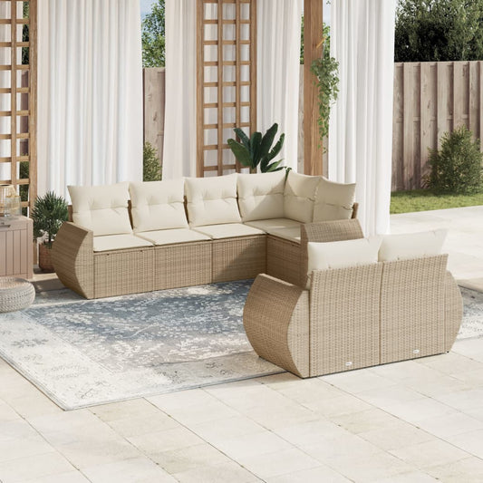 7-delige Loungeset met kussens poly rattan beige