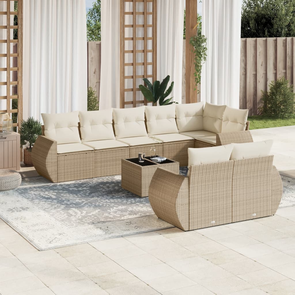 9-delige Loungeset met kussens poly rattan beige