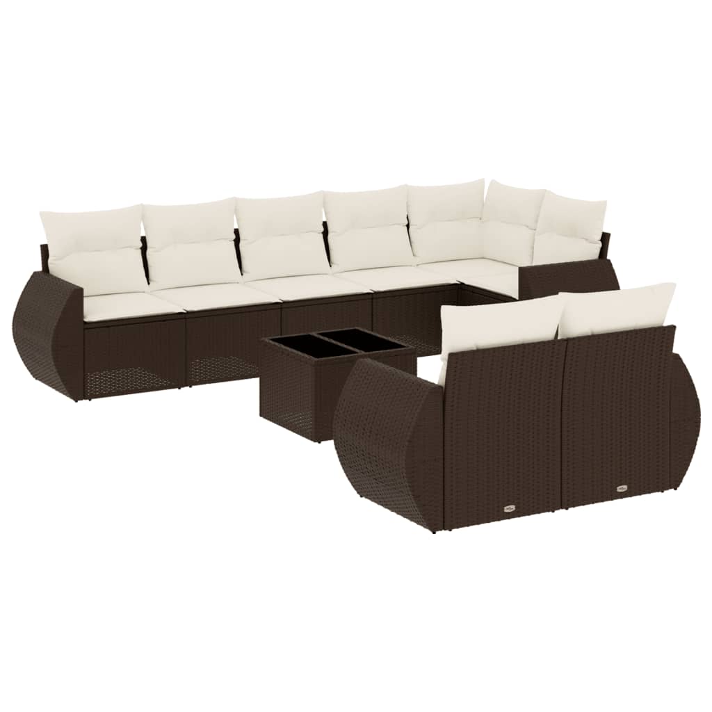 9-delige Loungeset met kussens poly rattan bruin