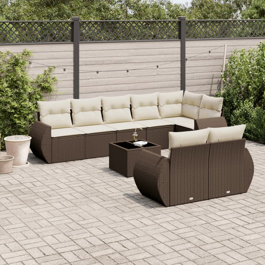 9-delige Loungeset met kussens poly rattan bruin