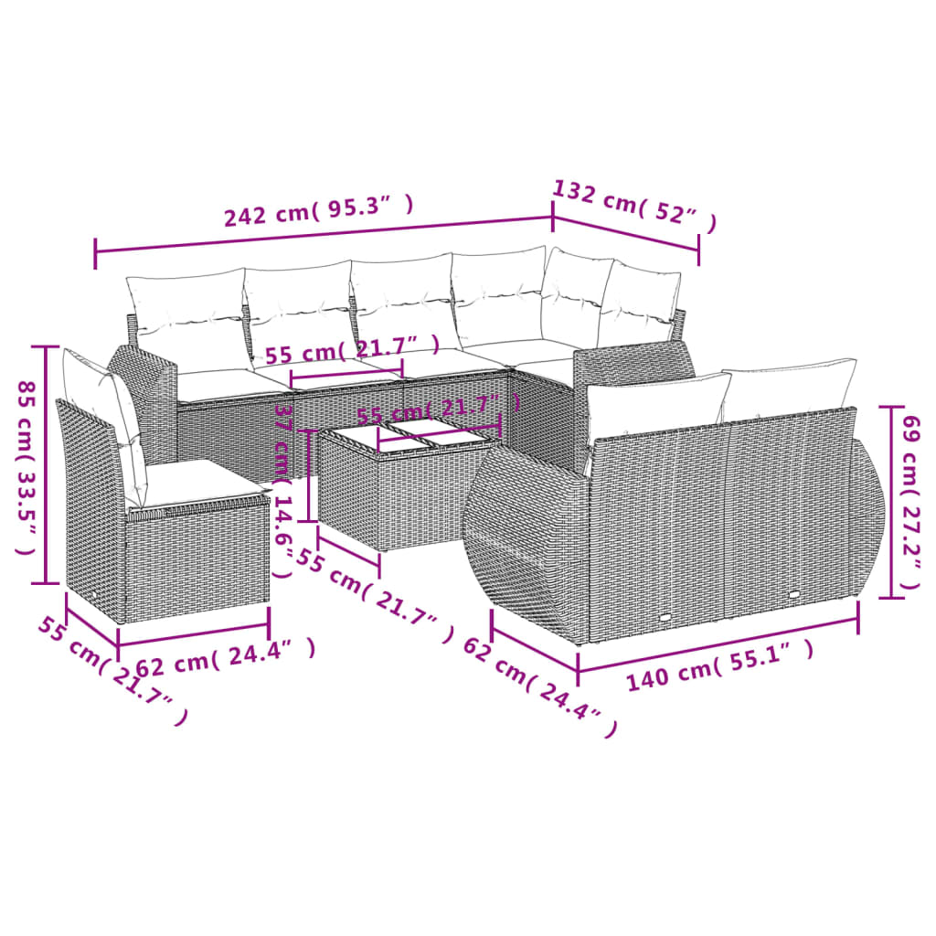 9-delige Loungeset met kussens poly rattan zwart Tuinsets | Creëer jouw Trendy Thuis | Gratis bezorgd & Retour | Trendy.nl