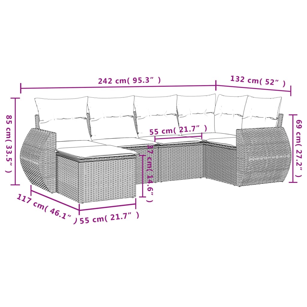 6-delige Loungeset met kussens poly rattan bruin