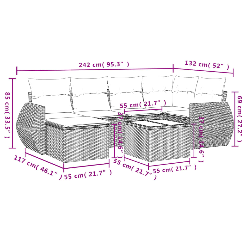 7-delige Loungeset met kussens poly rattan beige