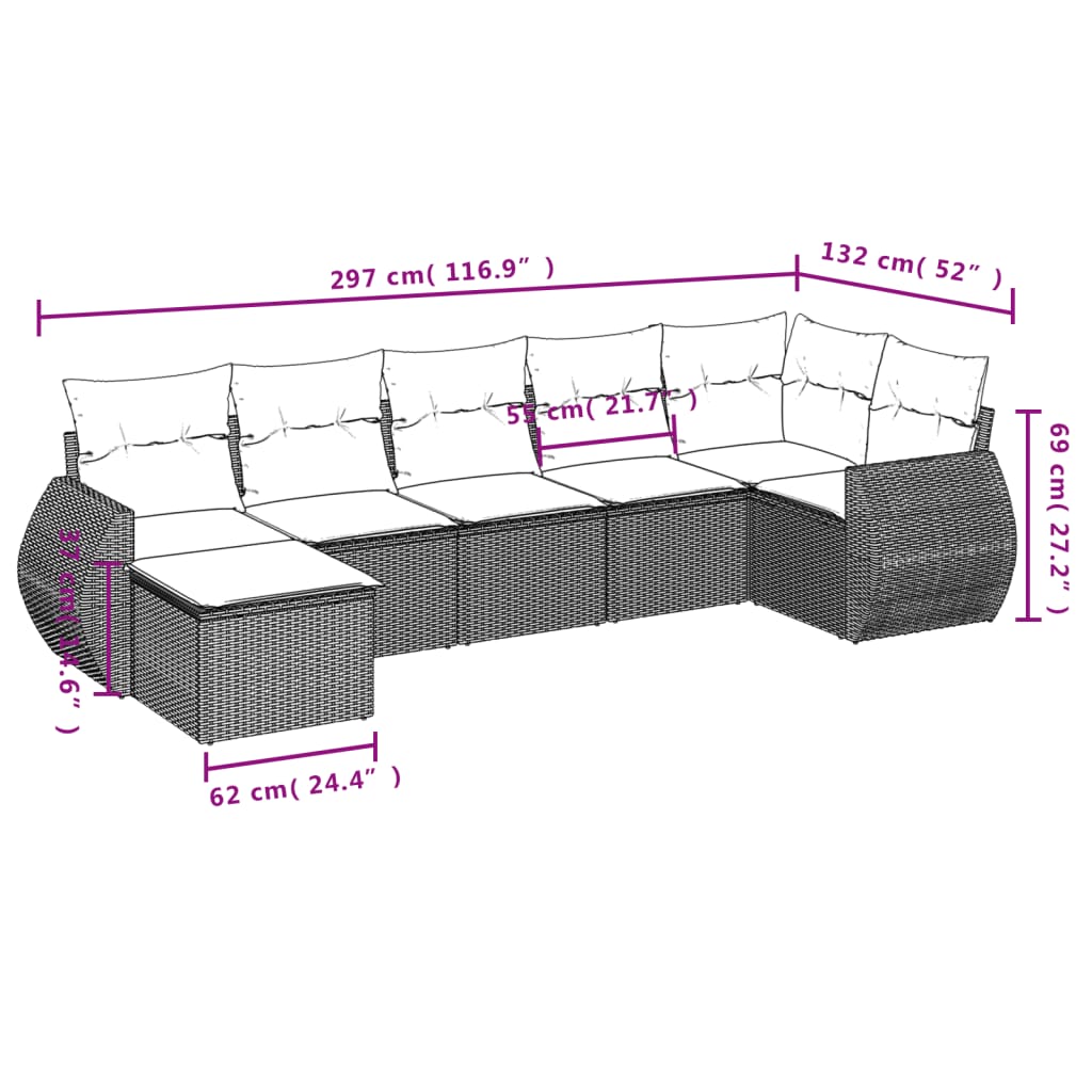 7-delige Loungeset met kussens poly rattan bruin