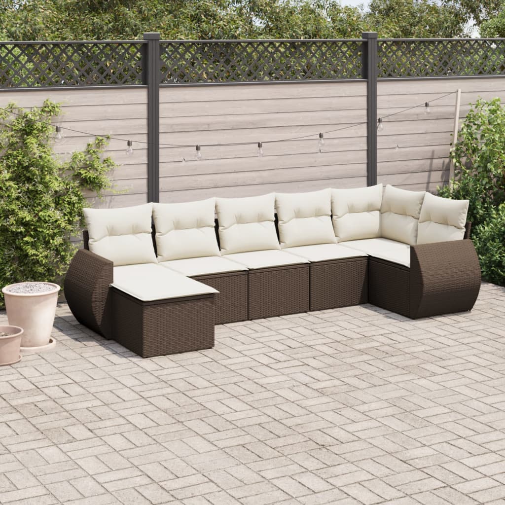 7-delige Loungeset met kussens poly rattan bruin