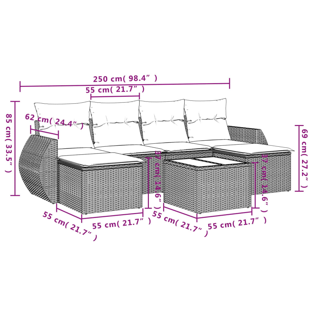 7-delige Loungeset met kussens poly rattan bruin