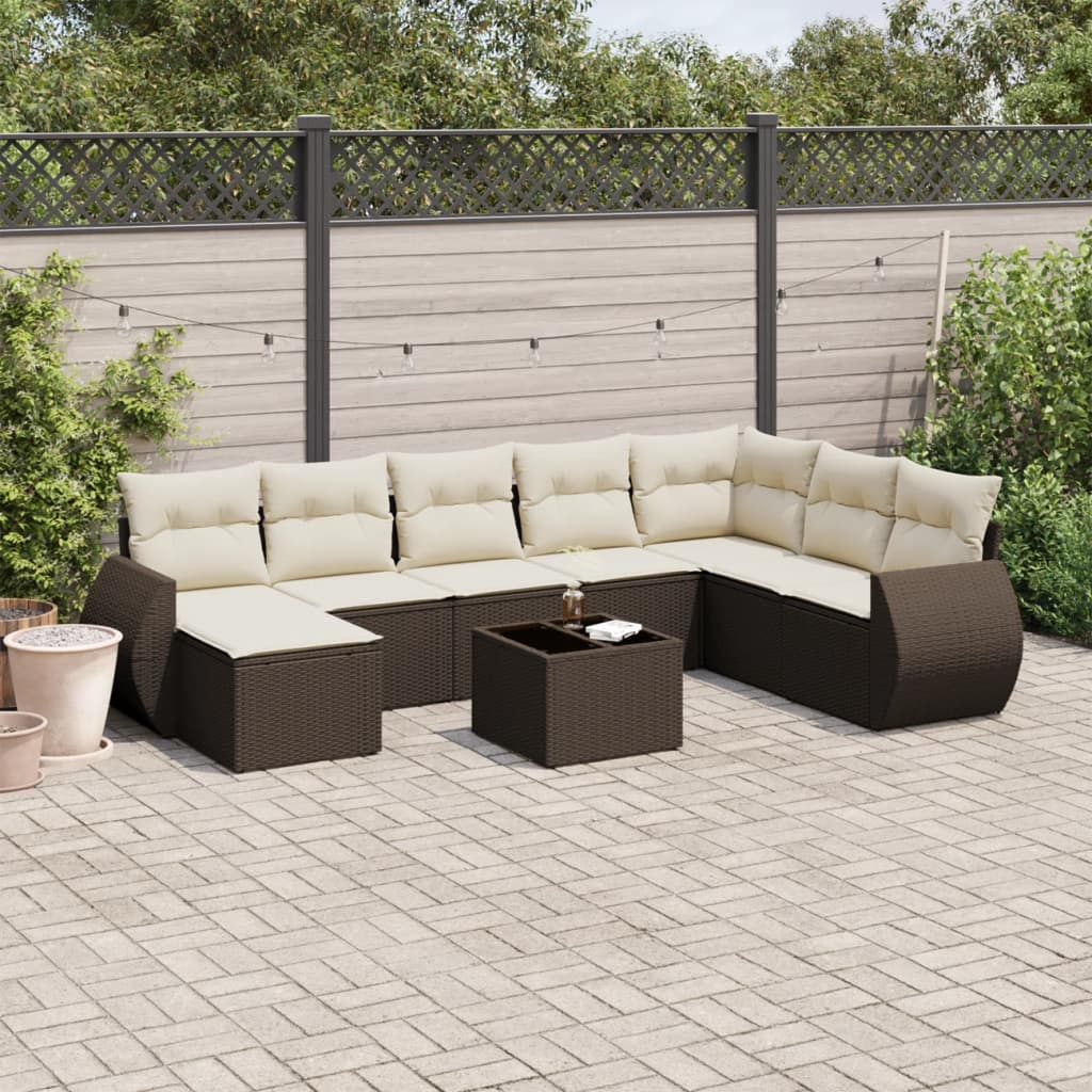 9-delige Loungeset met kussens poly rattan bruin