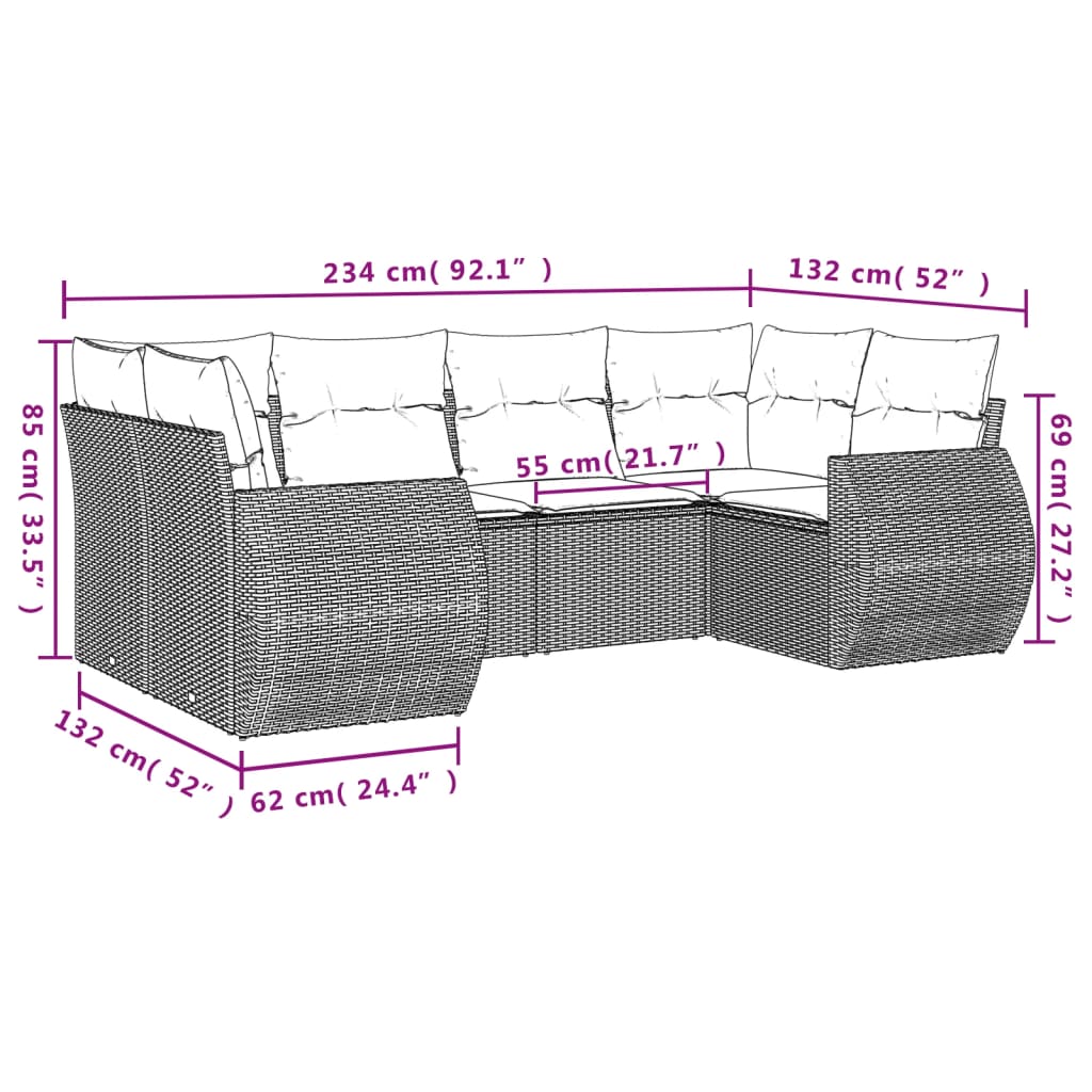 6-delige Loungeset met kussens poly rattan bruin