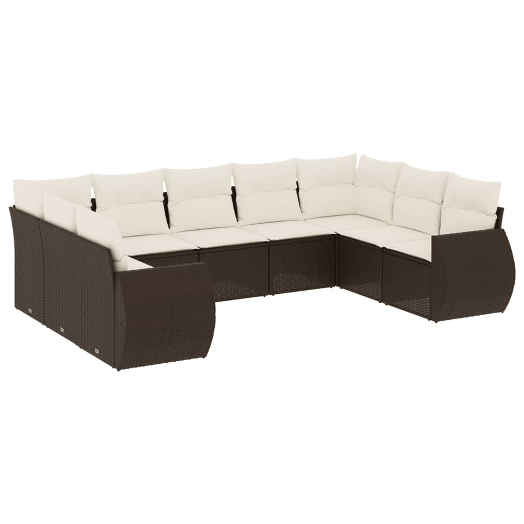 9-delige Loungeset met kussens poly rattan bruin