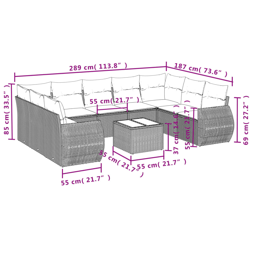 10-delige Loungeset met kussens poly rattan bruin