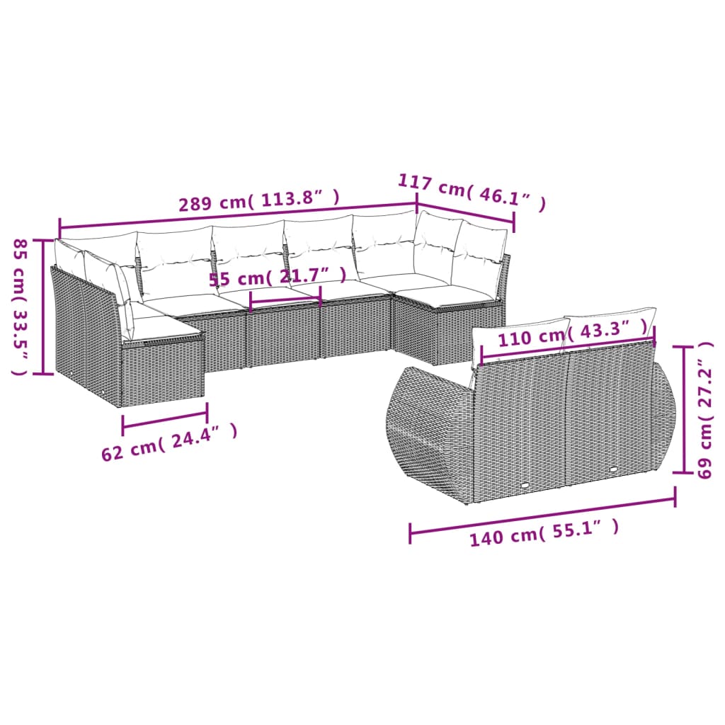 9-delige Loungeset met kussens poly rattan grijs Tuinsets | Creëer jouw Trendy Thuis | Gratis bezorgd & Retour | Trendy.nl