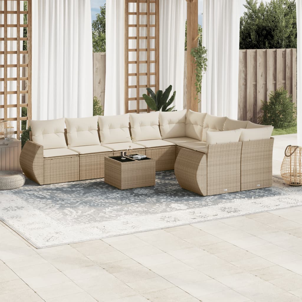 10-delige Loungeset met kussens poly rattan beige