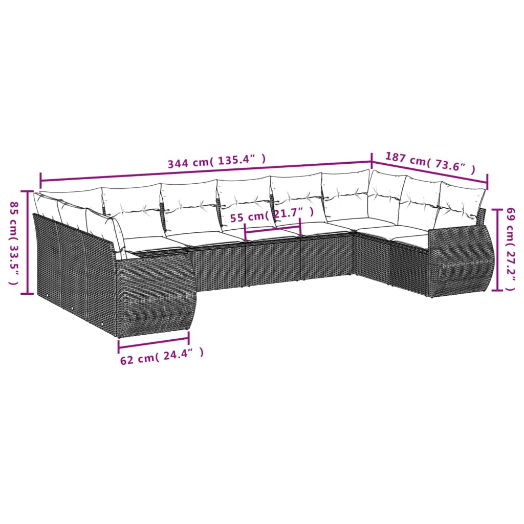 11-delige Loungeset met kussens poly rattan bruin