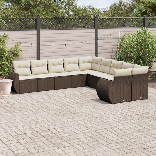 10-delige Loungeset met kussens poly rattan bruin