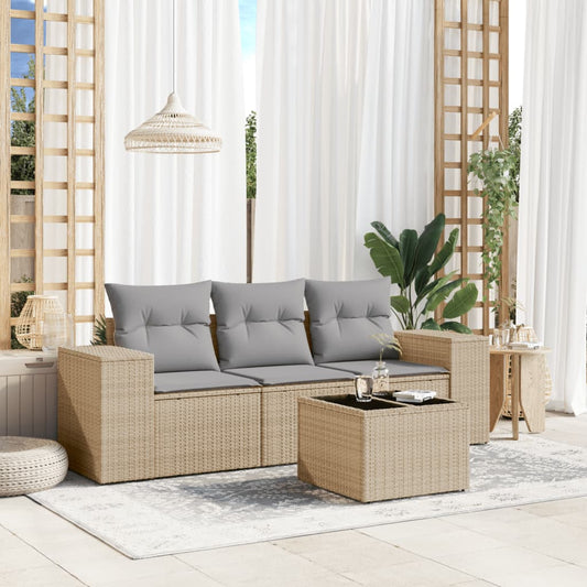 4-delige Loungeset met kussens poly rattan beige