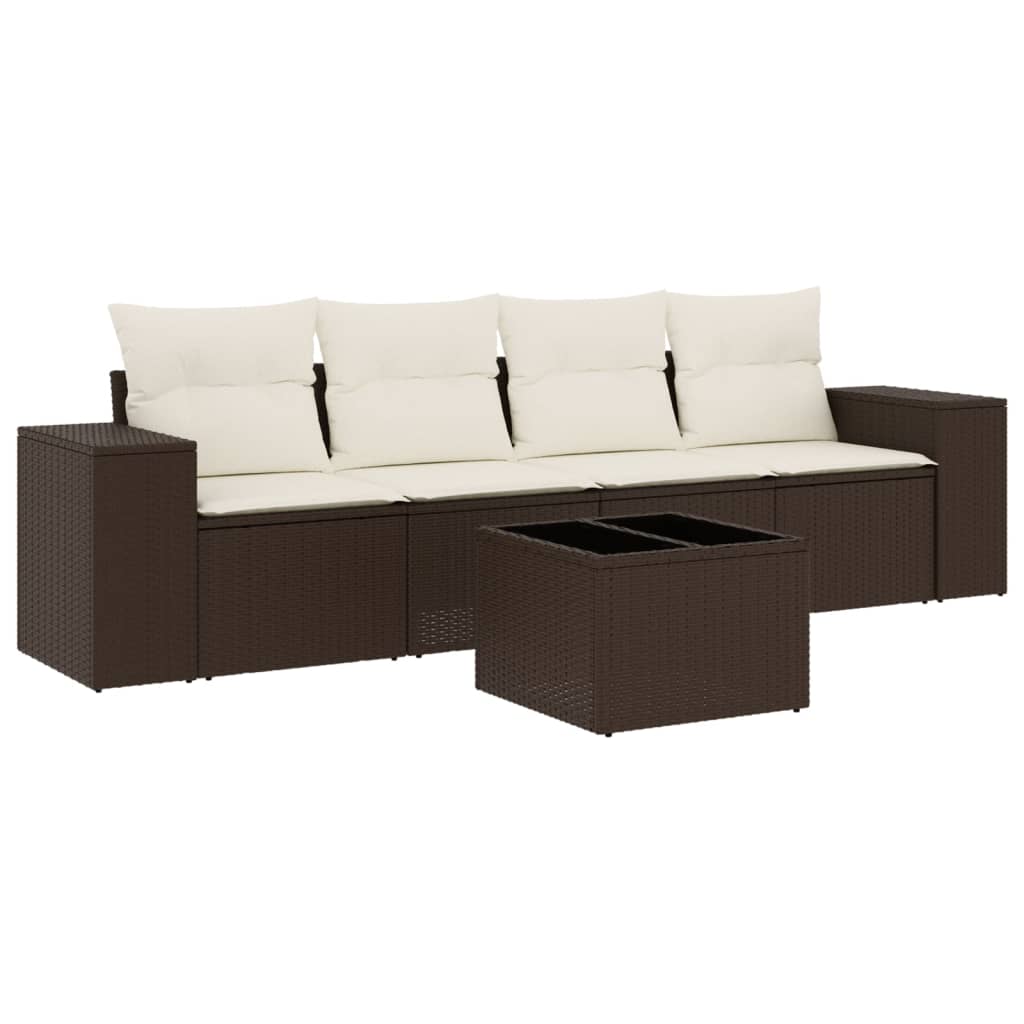 5-delige Loungeset met kussens poly rattan bruin