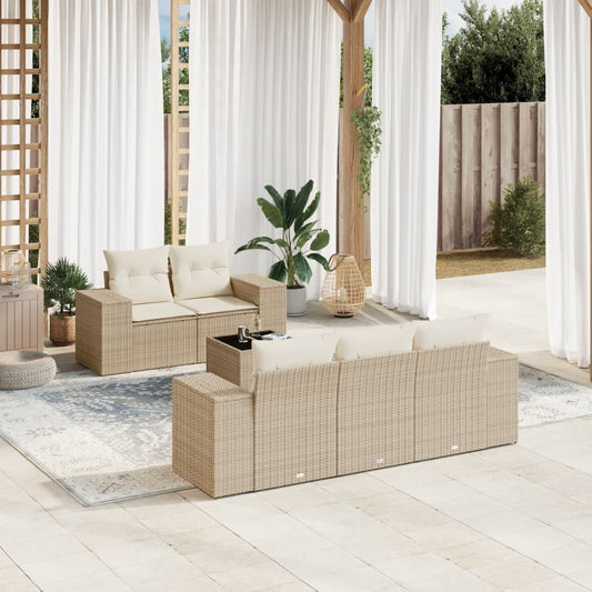 6-delige Loungeset met kussens poly rattan beige