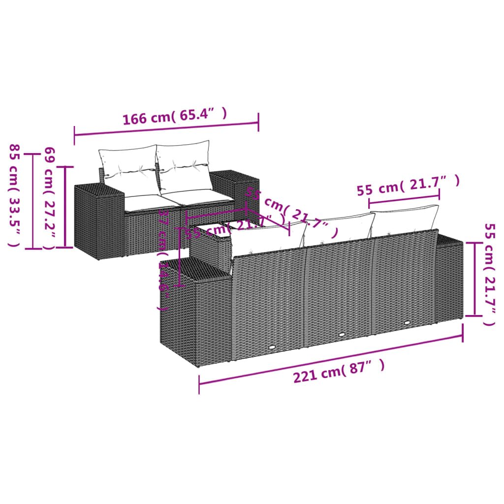 6-delige Loungeset met kussens poly rattan bruin