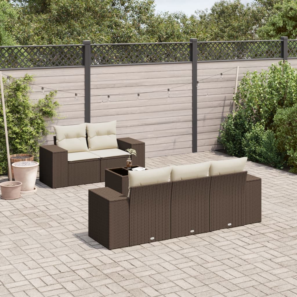 6-delige Loungeset met kussens poly rattan bruin