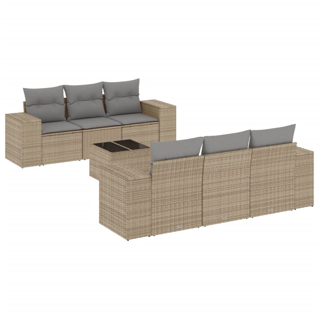 7-delige Loungeset met kussens poly rattan beige