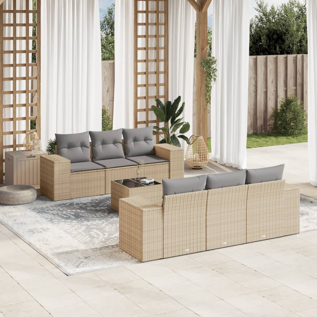 7-delige Loungeset met kussens poly rattan beige