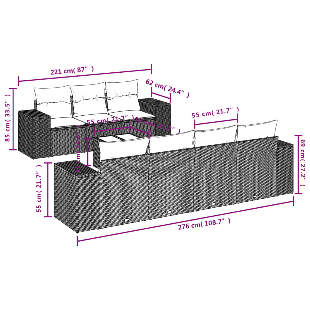 8-delige Loungeset met kussens poly rattan bruin