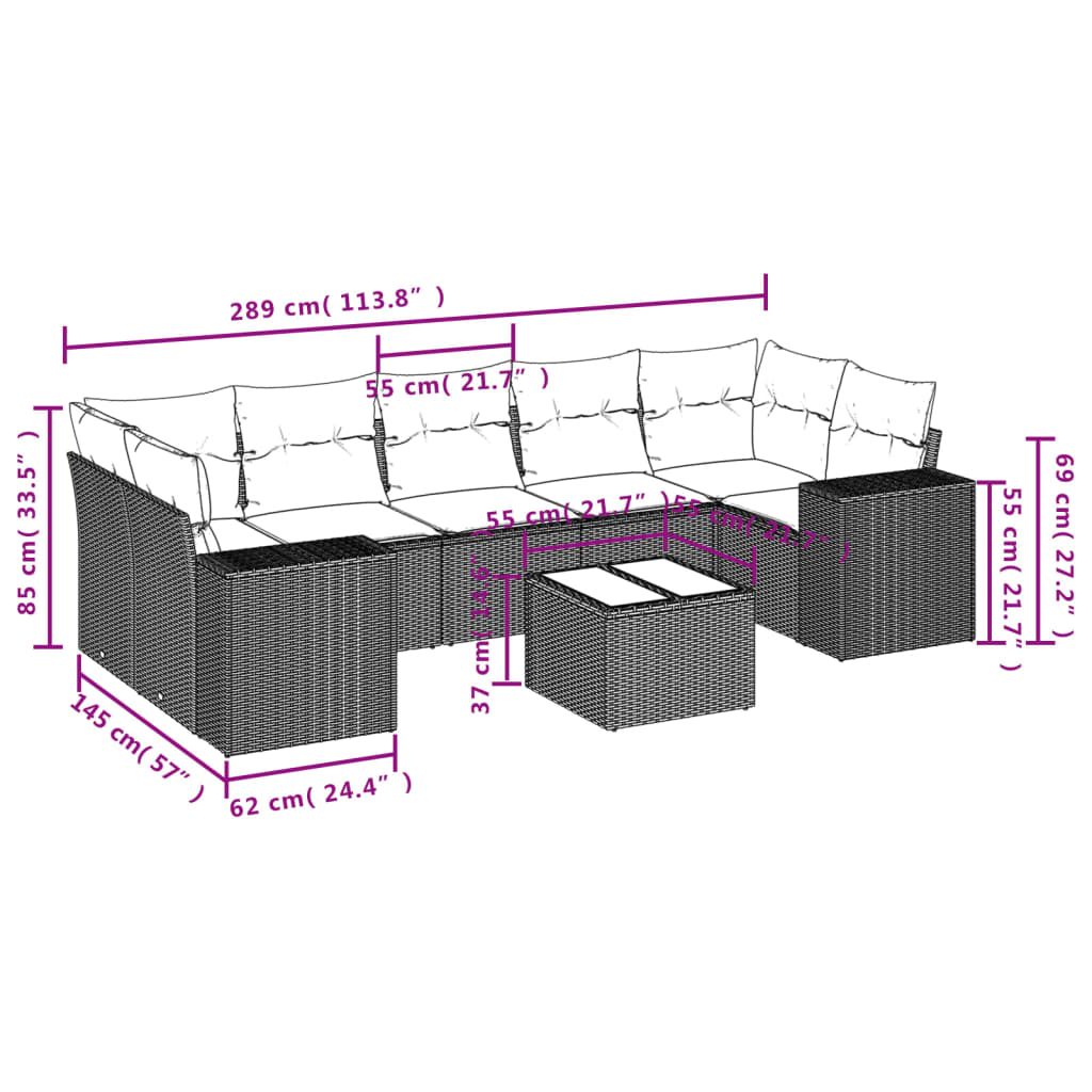 8-delige Loungeset met kussens poly rattan bruin