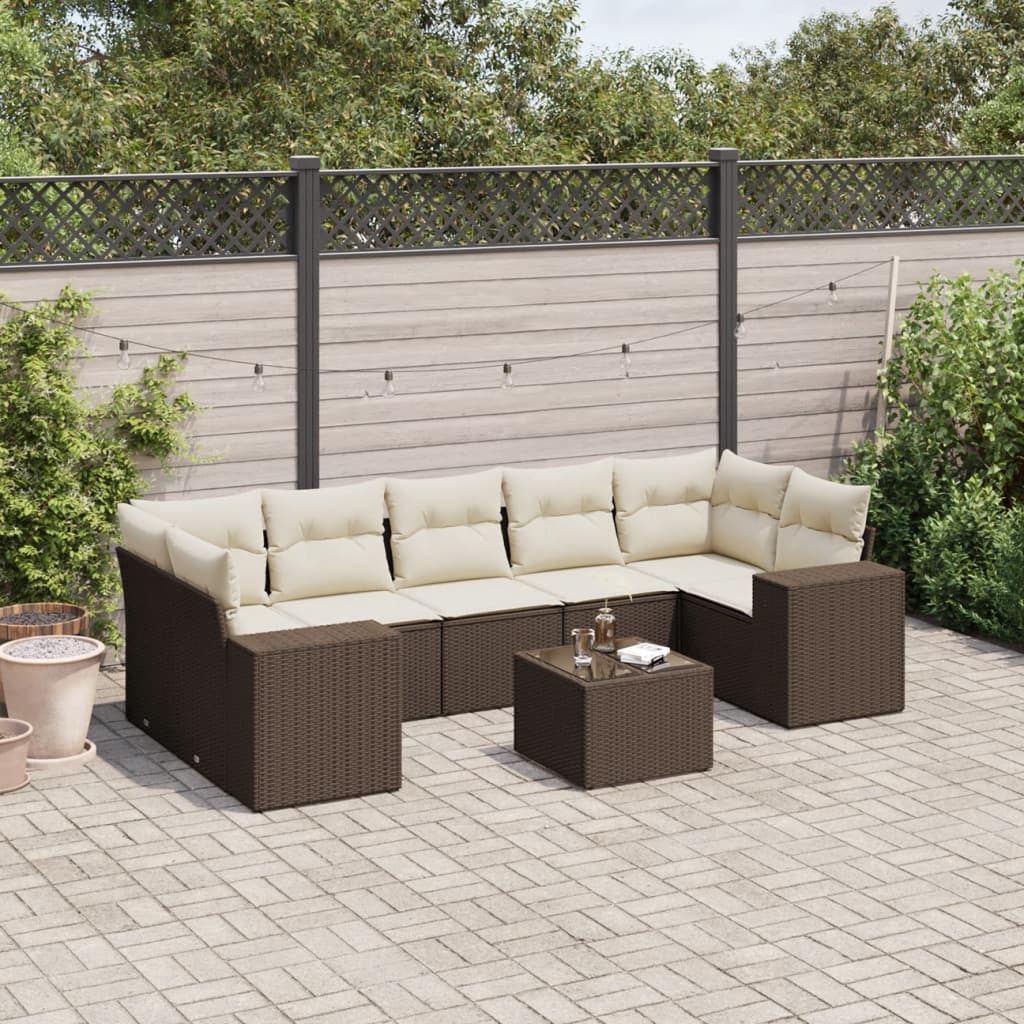 8-delige Loungeset met kussens poly rattan bruin